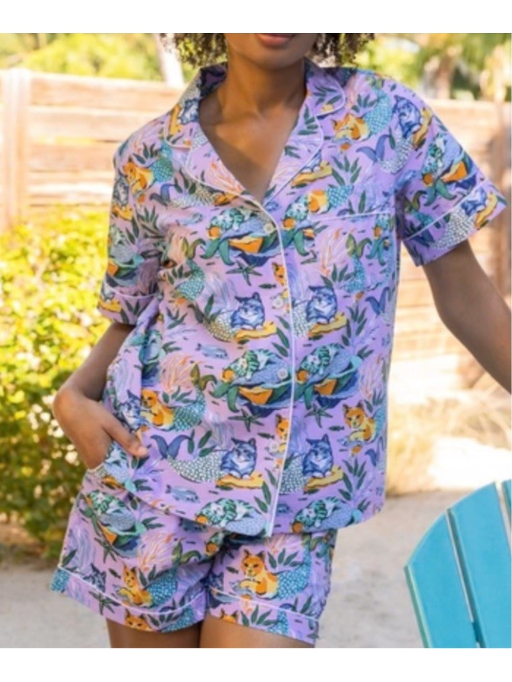 Printfresh Lilac Mercat Mermaid Cat Print Meowing Mermaids Lounge Pajama Shorts